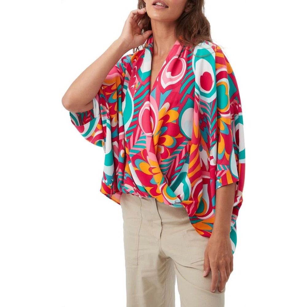 Trina Turk Womens Pink Teal Multi Psychedelic Print Wrap Front Draped Top XL NEW